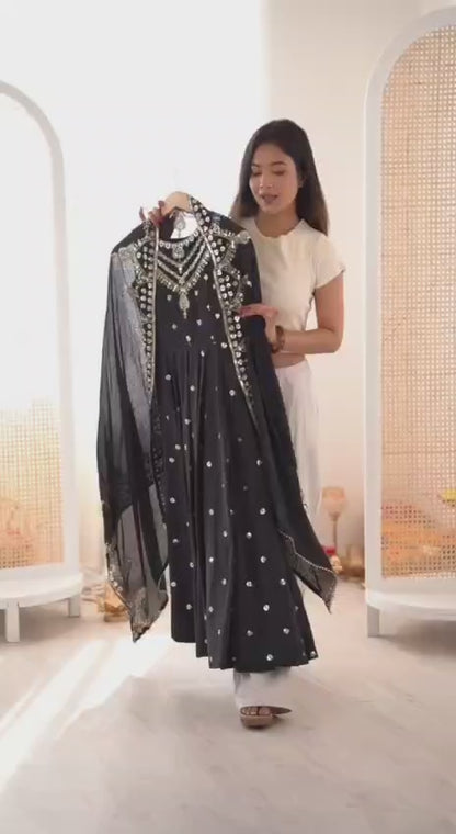 Black Roman Silk Embroidery Sequence Work Designer Anarkali Gown Pant with Dupatta