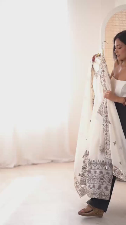 White Colour Roman Silk Embroidery Sequence Designer Party Wear Anarkali Gown Pant with Dupatta