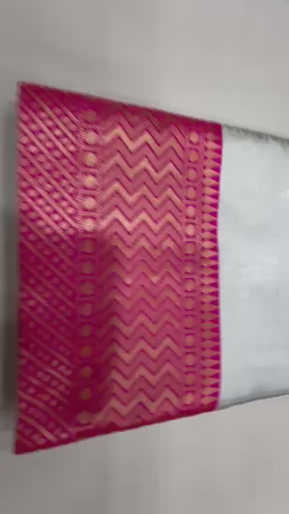 Cream color Banarasi silk Saree with Unstitched Blouse