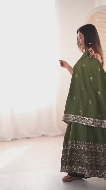 Mehndi Green Colour Roman Silk Embroidery Sequence Designer Party Wear Anarkali Gown Pant with Dupatta