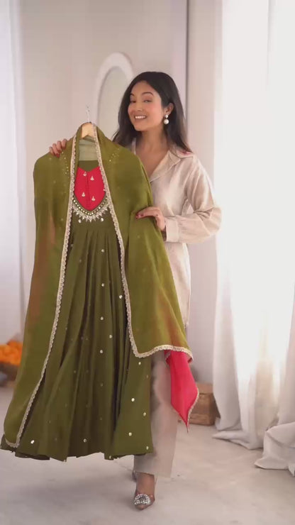 Elegant Mehndi Green Embroidered Sequence With Real Mirror Designer Anarkali Three Piece Set