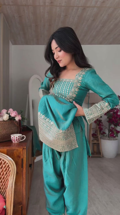 Sea Green Designer Embroidery Farsi Salwar Suit with Dupatta