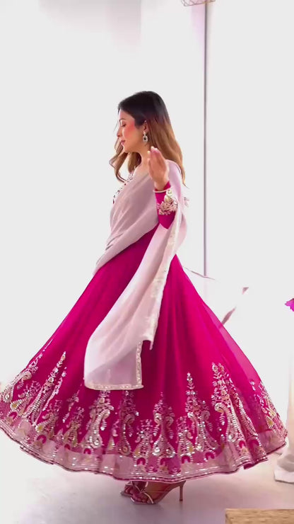 Pink Heavy Georgette Embroidery Sequence Anarkali Gown Pant and Dupatta