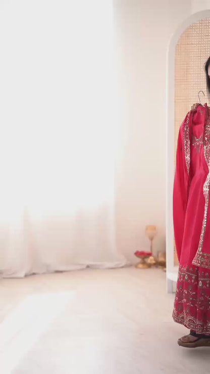 Pink Colour Roman Silk Embroidery Sequence Designer Party Wear Anarkali Gown Pant with Dupatta