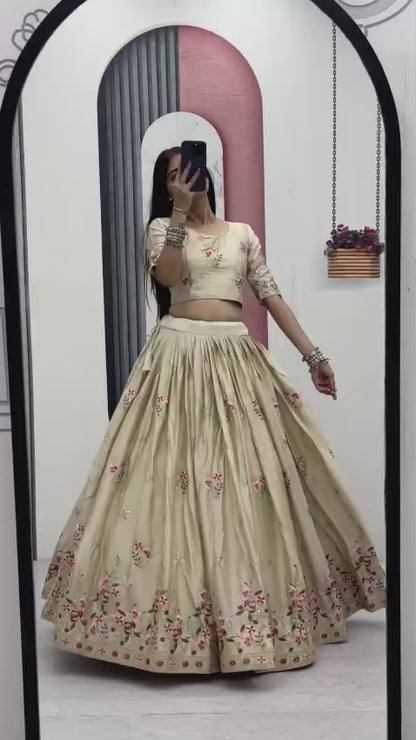 Beige Colour Chinon Embroidery work Readymade Lehenga Choli With Pink Dupatta