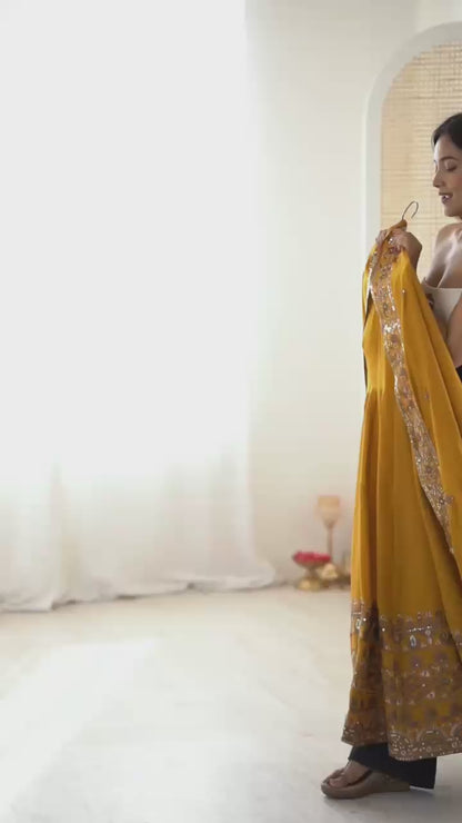Yellow Colour Roman Silk Embroidery Sequence Designer Party Wear Anarkali Gown Pant with Dupatta