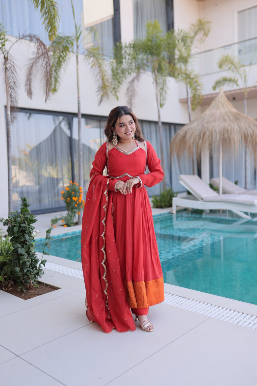 Red Colour Designer Anarkali Kurti Pant With Dupatta