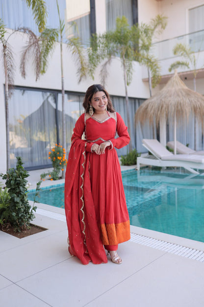 Red Colour Designer Anarkali Kurti Pant With Dupatta