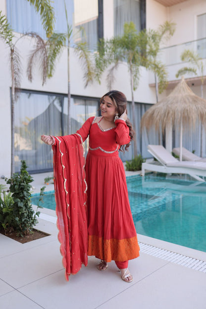Red Colour Designer Anarkali Kurti Pant With Dupatta