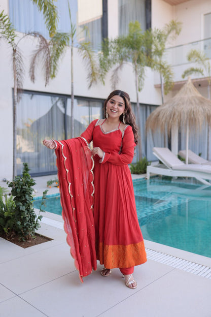 Red Colour Designer Anarkali Kurti Pant With Dupatta