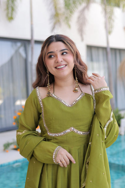 Mehndi Green Designer Anarkali Kurti Pant With Dupatta