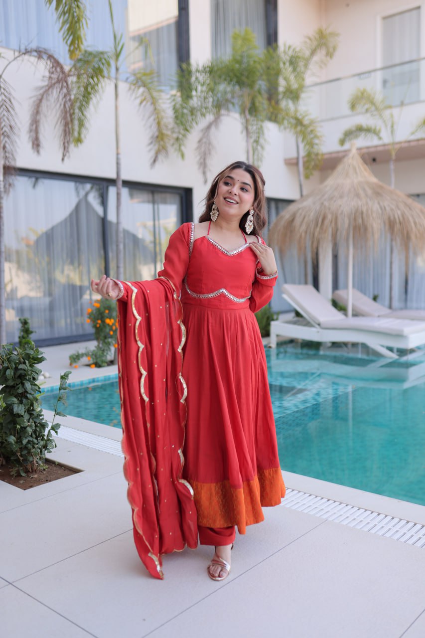 Red Colour Designer Anarkali Kurti Pant With Dupatta