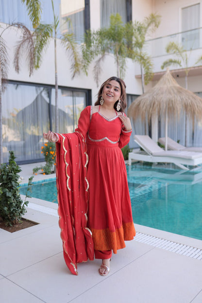 Red Colour Designer Anarkali Kurti Pant With Dupatta