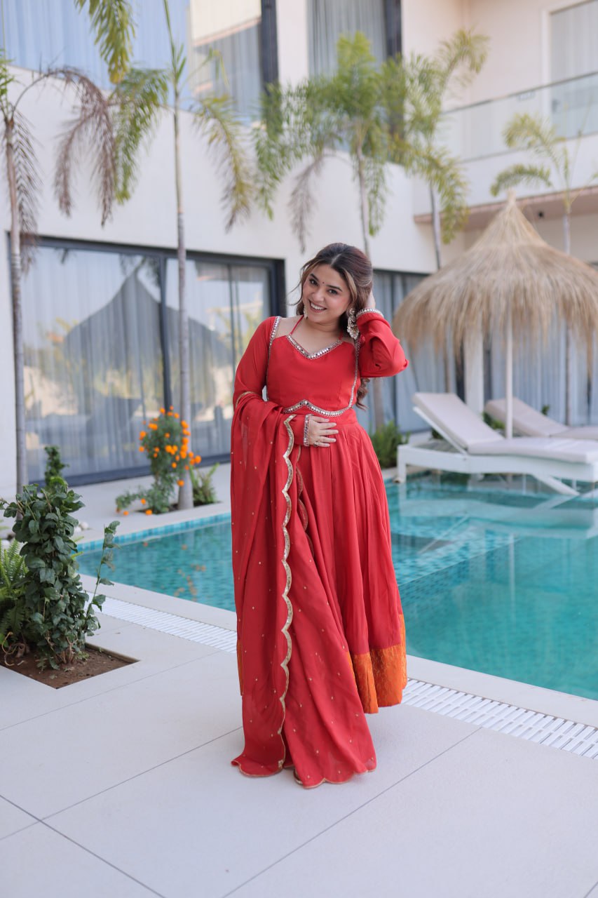 Red Colour Designer Anarkali Kurti Pant With Dupatta