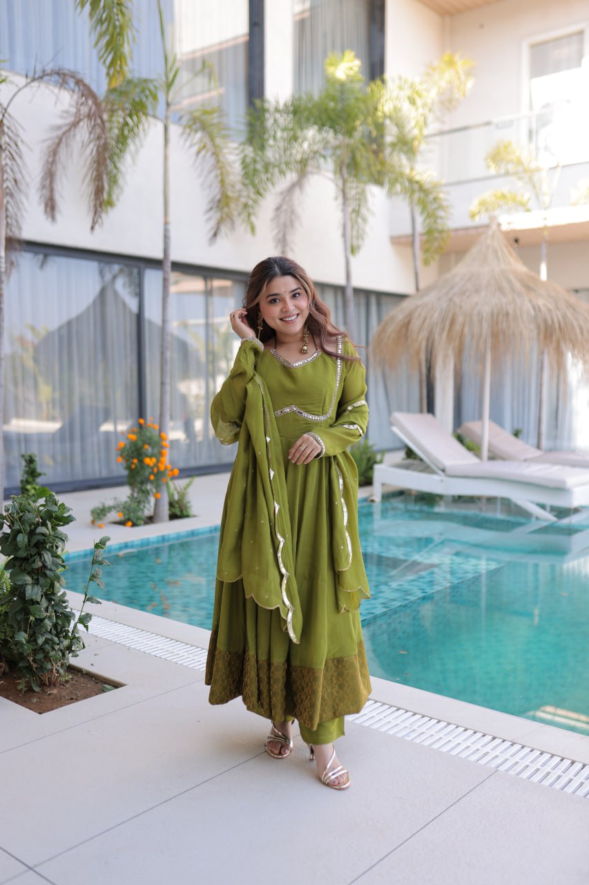 Mehndi Green Designer Anarkali Kurti Pant With Dupatta