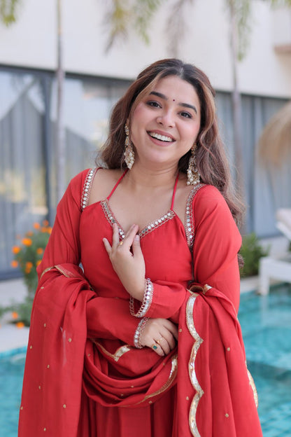 Red Colour Designer Anarkali Kurti Pant With Dupatta