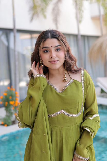 Mehndi Green Designer Anarkali Kurti Pant With Dupatta