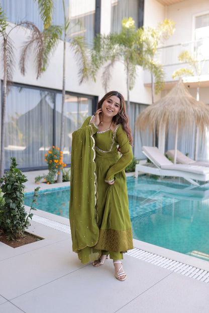 Mehndi Green Designer Anarkali Kurti Pant With Dupatta