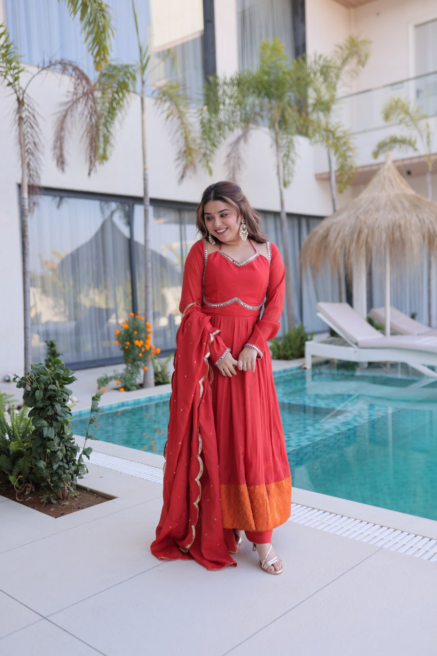 Red Colour Designer Anarkali Kurti Pant With Dupatta